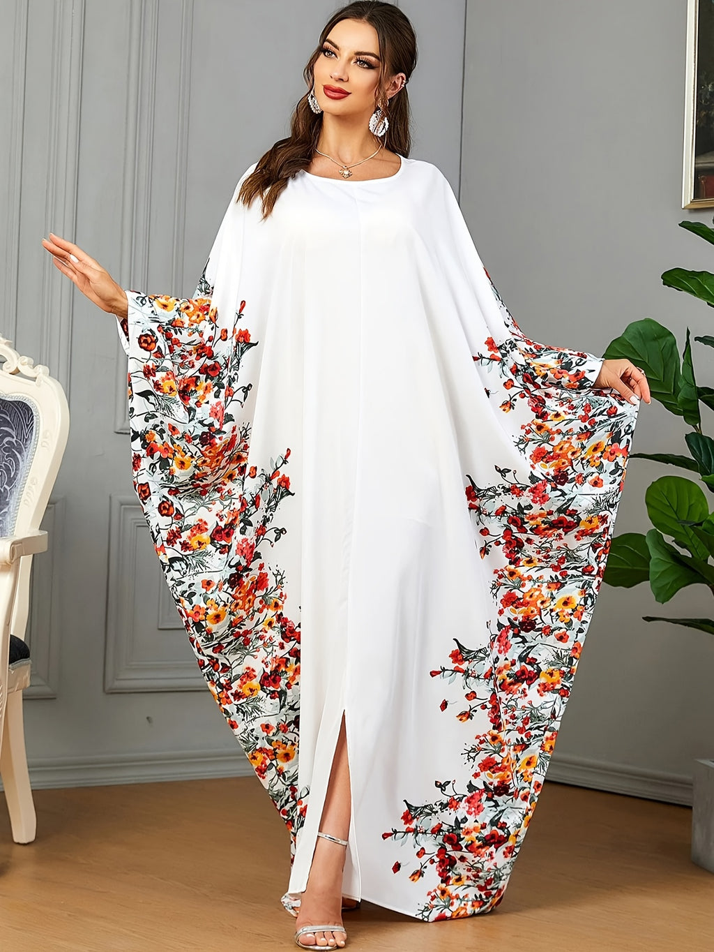 1pc Floral Print Crew Neck Abaya, Elegant Batwing Sleeve Split Maxi Dress, Women'S Clothing Maxi Abaya Dress Modest Prayer Dress for Muslim Women | Batwing Sleeves And Elegant Swing Hem for Everyday Outings And Travel Outfits - White