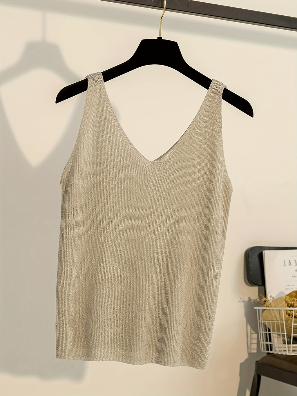 Women's Camisole Tank Top with Korean-Style Sexy Outerwear, Shiny V-Neck Bodycon Top - Apricot