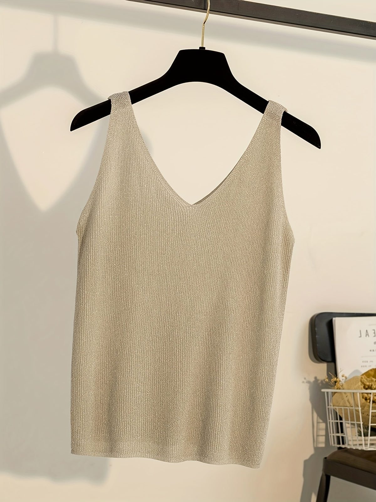 Women's Camisole Tank Top with Korean-Style Sexy Outerwear, Shiny V-Neck Bodycon Top - Apricot