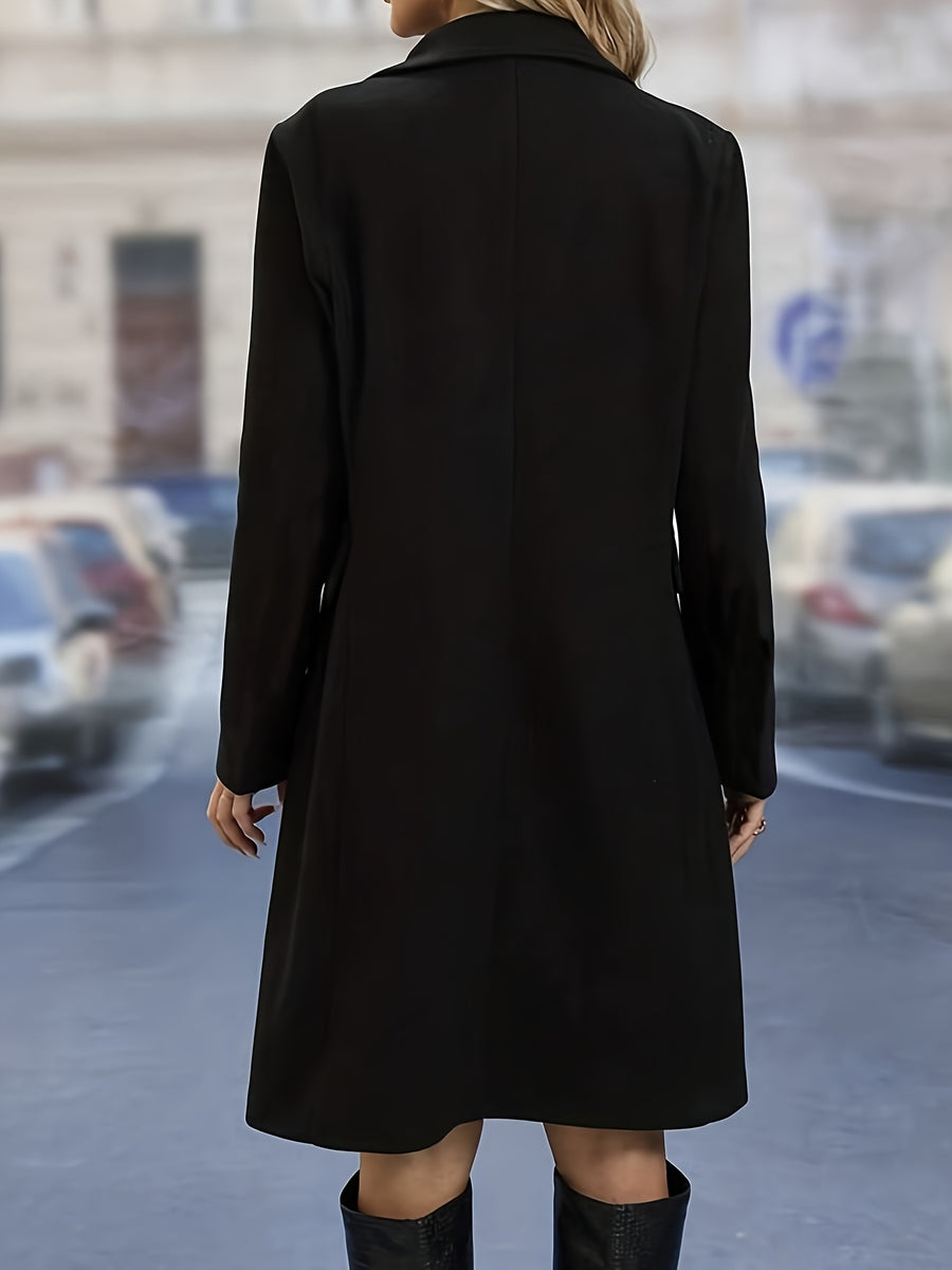 Women'S Solid Color Double-Breasted Trench Coat - Black