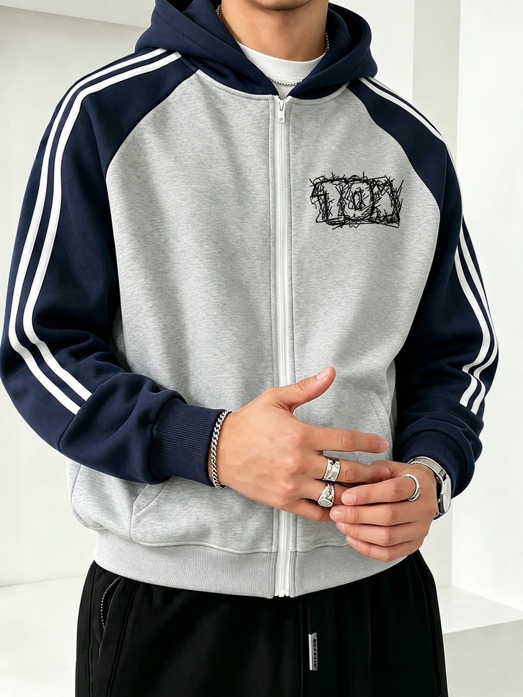 Officially Licensed by Warner Bros., This New Men'S Fashion Hoodie Features a Color-Block Design with a Printed Pattern of Playful, Sketchy Illustrations. It Is a Zipped Hooded Jacket for Autumn And Winter, with a Relaxed Fit And Comfortable Fabric - Grey-blue