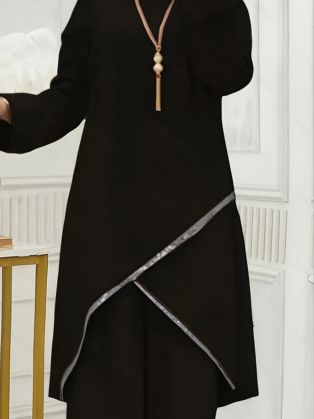 720# Solid Color Spring And Summer Muslim Two-Piece Outfit, Round Neck Sequin Long-Sleeve Top And Loose-Fit Trousers Casual Ensemble - Black