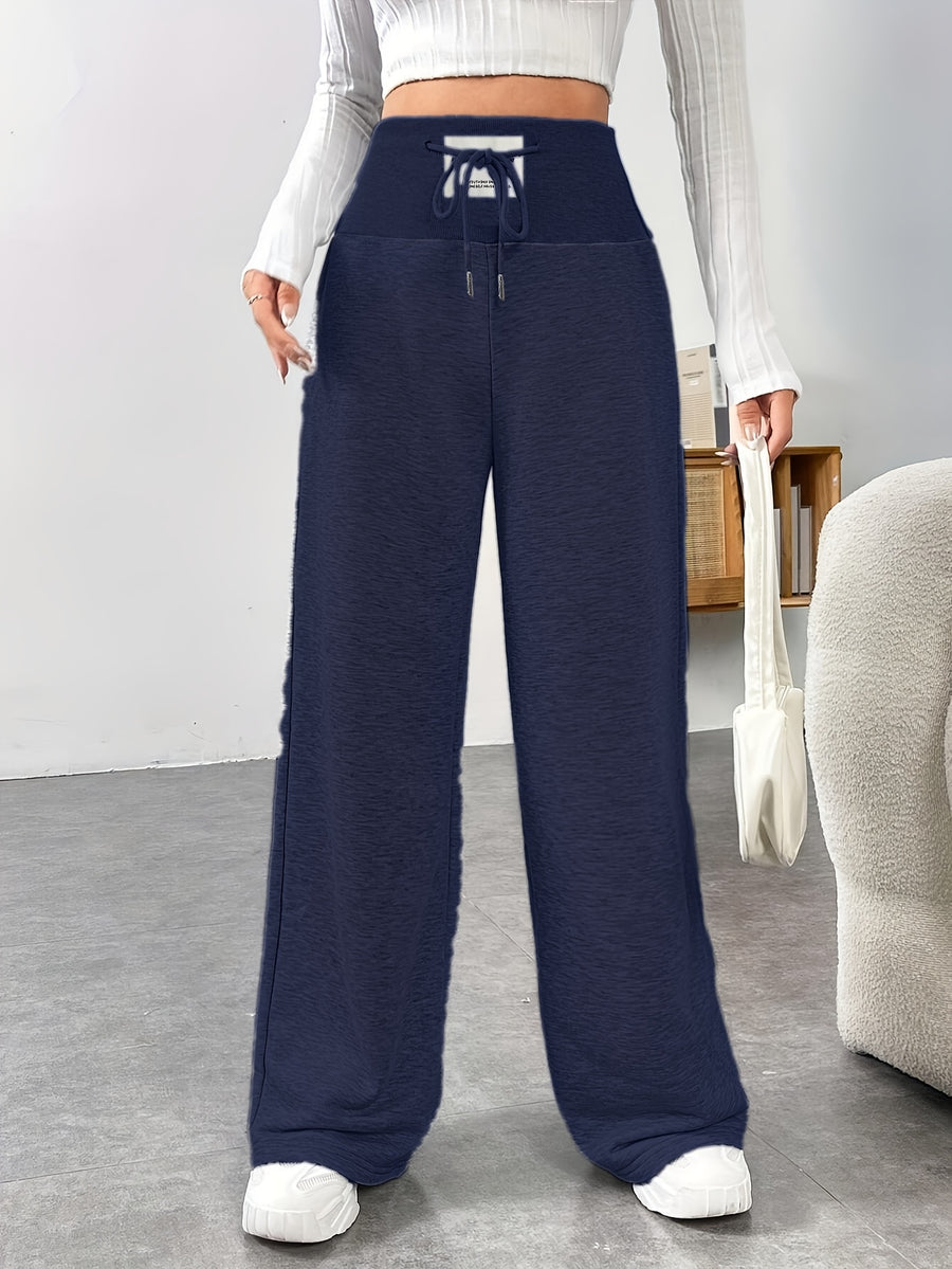 High-waisted Ribbed Waistband Wide-leg Pants with Contrast Drawstring and Label, No Pockets, Solid Color, Versatile for Daily Commuting in Spring, Summer, and Autumn. Lightweight and Easy to Wear, a Fashionable Choice - Navy Color