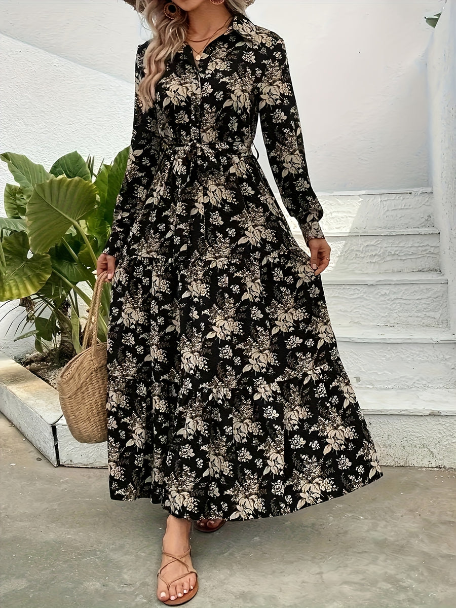 Middle Eastern Floral Print Temperament Fashion Over-The-Knee, Women'S Dress Long-Sleeved Long Skirt Loose Casual Style - Black