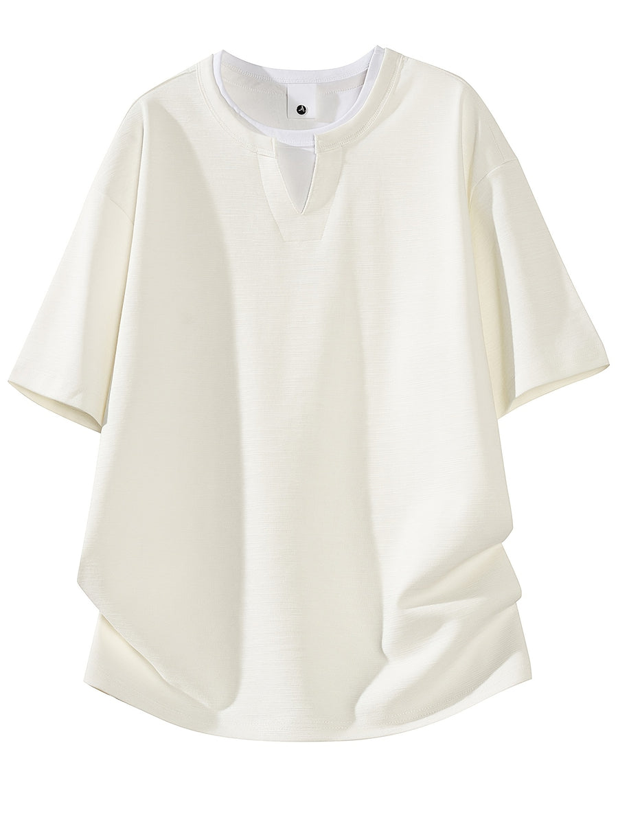 Men's New Bamboo Rayon Knot Pattern Fabric Short-Sleeve T-Shirt, Stylish 2-in-1 Look V-Neck Top, Casual Daily Wear, Suitable for Everyday Outings, Light Commuting, and Other Scenarios - White Apricot