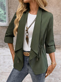 Women'S Casual Fashion Solid Color Waist-Defining Long Sleeve Coat - Olive Green