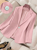 Women's Solid Color Long-Sleeve Blazer, Single-Button Casual Jacket, Spring and Autumn Commuter Elegant Top - Pink