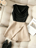 ZD260407049This New Spring/summer Women's Sleeveless Slim-fit Brown Vest Features a Ruffled Neckline and Comes with an Apricot Wide-leg Skirt. This 2pcs Outfit Is Suitable for Casual Attire, Business Occasions, Dates, and Various Other Events. - Black