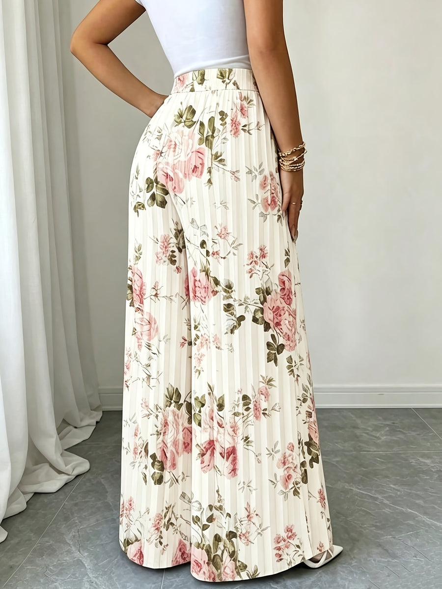 Women'S Summer Floral Print Fabric Design Pleated Loose High-End Elegant High-Rhythm Trousers, Suitable for Office, Formal Occasions, Teacher Uniforms, Back To, Travel, Beach, Street Photography, Summer Clothing, Summer Pants, Summer New Products - Mixed colors