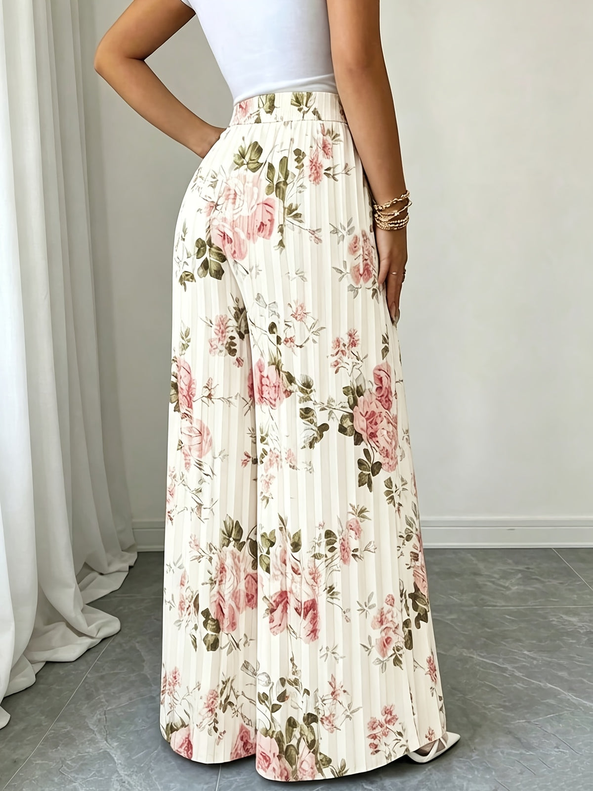 Women'S Summer Floral Print Fabric Design Pleated Loose High-End Elegant High-Rhythm Trousers, Suitable for Office, Formal Occasions, Teacher Uniforms, Back To, Travel, Beach, Street Photography, Summer Clothing, Summer Pants, Summer New Products - Mixed colors
