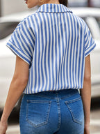 Women'S Relaxed Fit Striped Batwing Sleeve Button-Up Shirt - Blue and White, Casual Summer Top with Short Sleeves, Casual Summer Top|Striped Pattern|Comfortable Fit - Multicolor