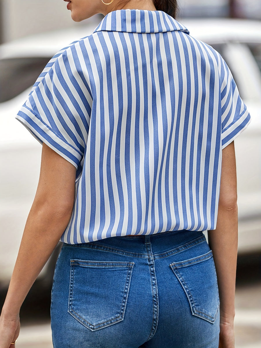 Women'S Relaxed Fit Striped Batwing Sleeve Button-Up Shirt - Blue and White, Casual Summer Top with Short Sleeves, Casual Summer Top|Striped Pattern|Comfortable Fit - Multicolor