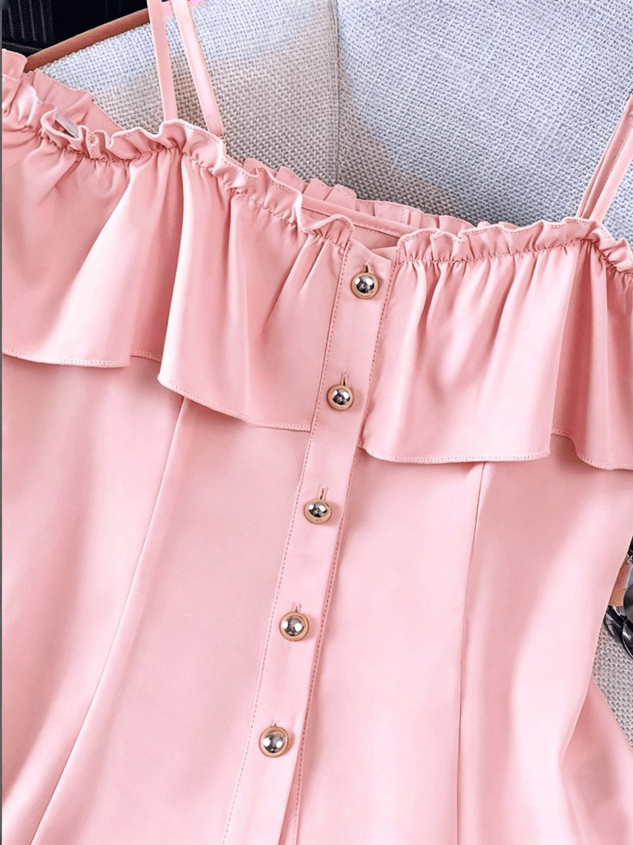 Women's Summer Casual Solid Color Off-Shoulder Ruffle Camisole Tank Top - Pink