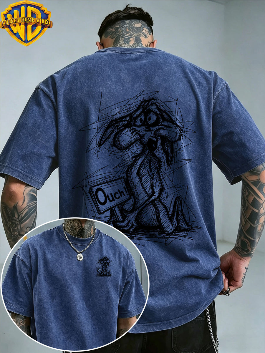 Warner Bros. Officially Authorized Kneeling Coyotes Holding Ouch Print Retro Washed Distressed Short Sleeve T-Shirt for Men And Women, Machine Washable Daily Commuting Outdoor Sports Casual Top - Royal Blue