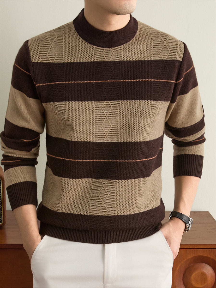 Men's Solid Color Knit Sweater - Warm Winter Crewneck Pullover, Basic Long-Sleeve Sweater Suitable for Fall/Winter, Casual Round Neck Sweater for Office & Casual Attire, Hand Washable Solid Color Knitwear - Coffee Color