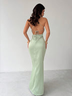 New European and American Women's Wedding Engagement Cocktail Dress, Single Party Solid Color Sexy Waist-cinching Backless Sleeveless Bridesmaids Gown - Green