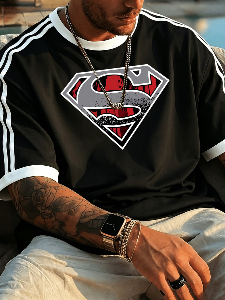 Officially Licensed by Warner Bros. - Men'S 100% Crew Neck Short Sleeve T-Shirt. This New Summer 2026 Style Features a Breathable, Skin-Friendly Fabric with a Superman Print That Exudes a Fresh, Summery Vibe. The Contrasting Stripes Add a Sporty - Black