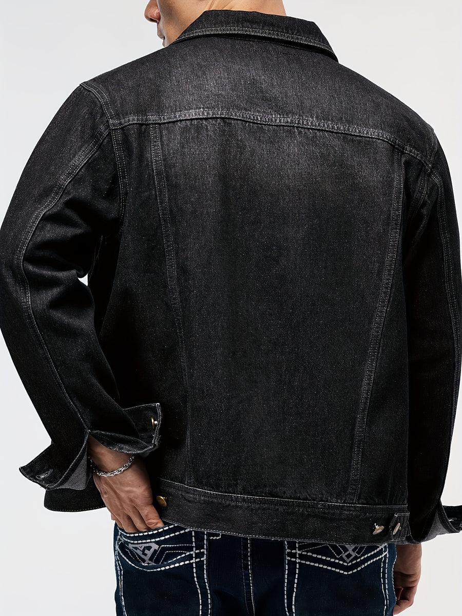 Men's Casual Fashion Denim Jacket, Relaxed Fit Street Style Denim Coat with Button Closure - Black