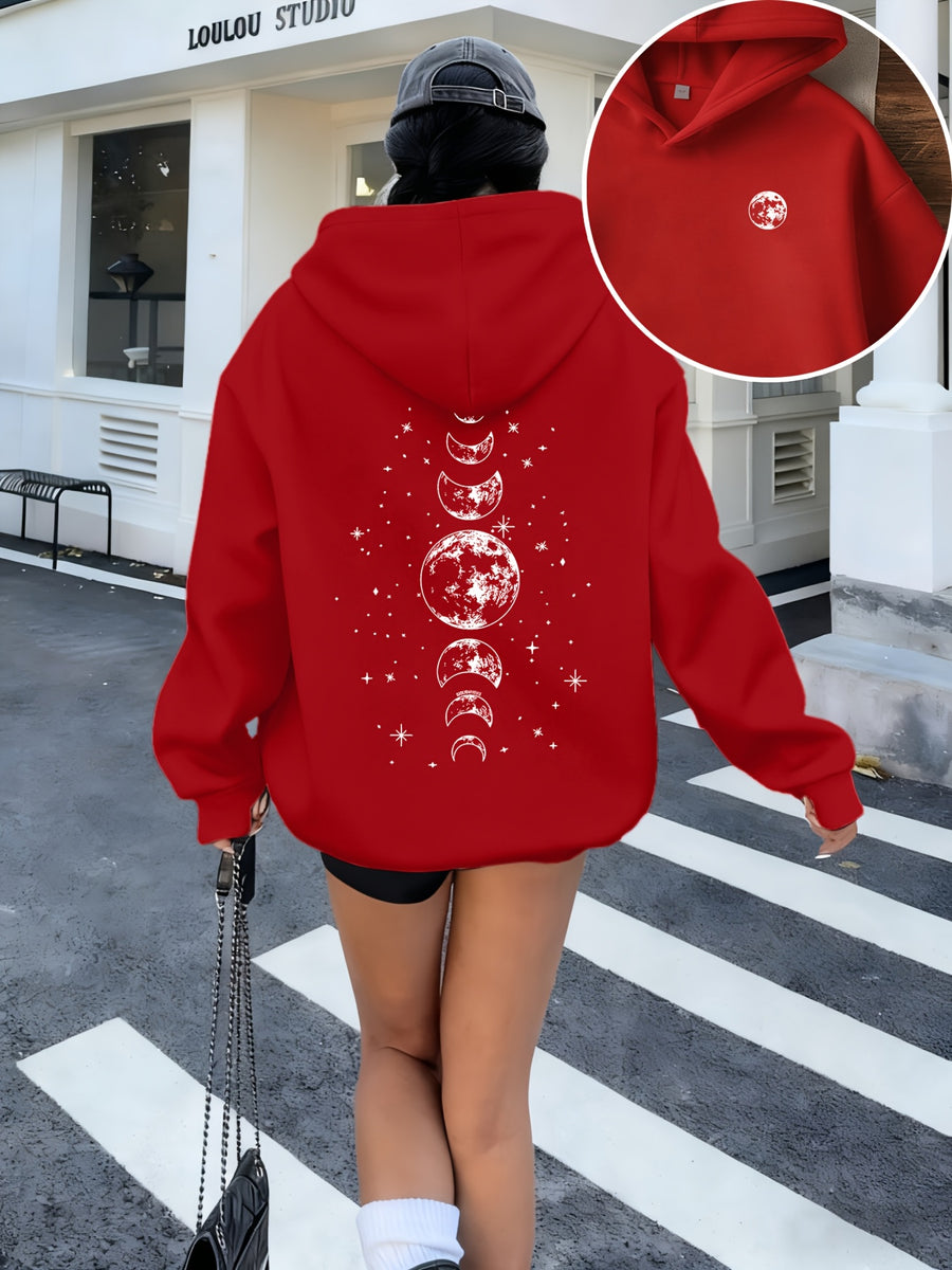 Women'S Casual Hooded Sweatshirt | Fashionable Moon and Stars Print, Comfortable, Machine Washable, Perfect for Autumn/Winter - Red