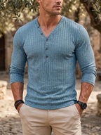 Men's Fashion Top, Autumn/Winter Outdoor Casual Base Layer, Textured Ribbed Fabric, Solid Color V-Neck Button-Up Long Sleeve Henley Shirt with Patch Pocket - Light Blue