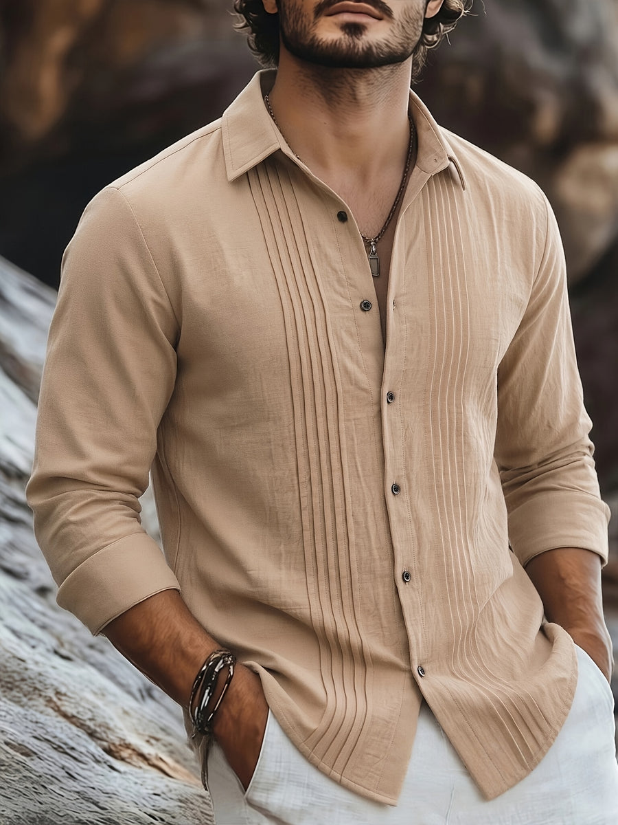 Men's Linen Guayabera Shirt with Lapel Collar & Button Front Panel - Accordion Pleat Chest Texture, Long Sleeve Button-Front Closure Suitable for Beach, Casual, -Casual Wear, Year-Round Versatile Formal & Everyday Button-Up Shirt - Khaki