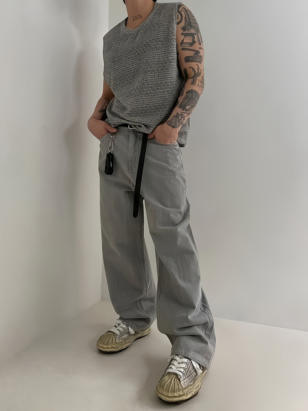 Men'S Sleeveless Knit Vest, Lightweight Textured Casual Shirt, Loose Fit Summer Vest Suitable for Summer Street Training - Grey