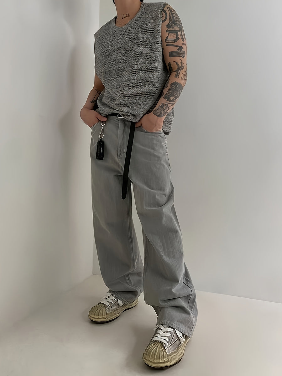 Men'S Sleeveless Knit Vest, Lightweight Textured Casual Shirt, Loose Fit Summer Vest Suitable for Summer Street Training - Grey