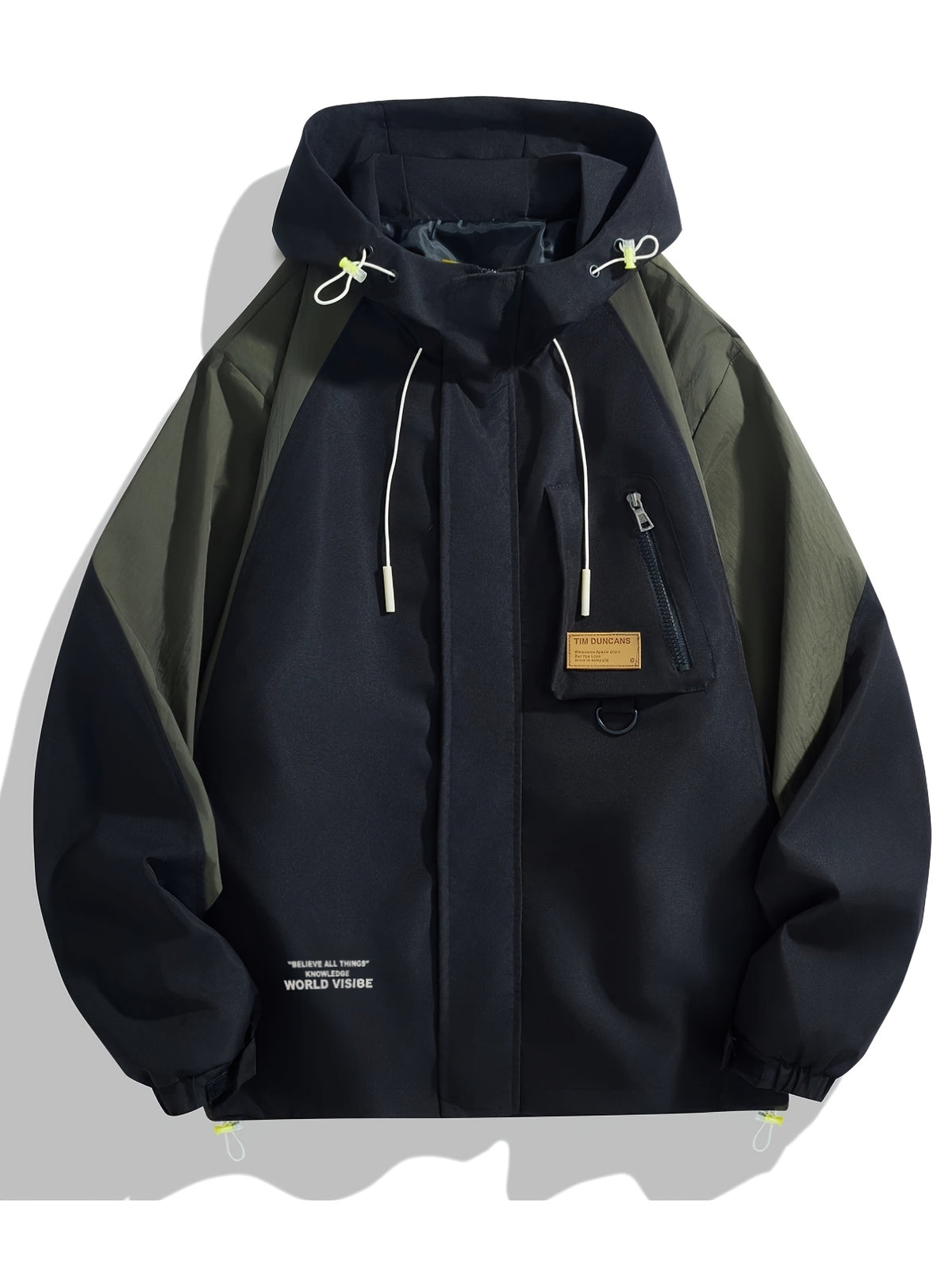 Men'S Spring/Autumn WORLD Letter Print And Contrast Hooded Long Sleeve Zip-Up Windbreaker Jacket, Suitable for Outdoor Activities - Black