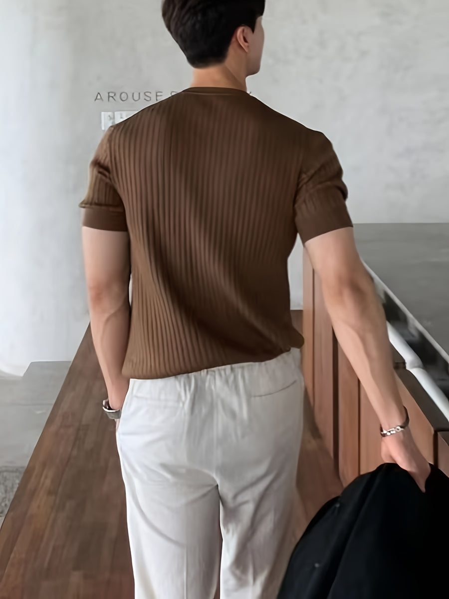 -Border New Men'S Small Pothole Striped Short-Sleeve Knit Sweater - Coffee Color