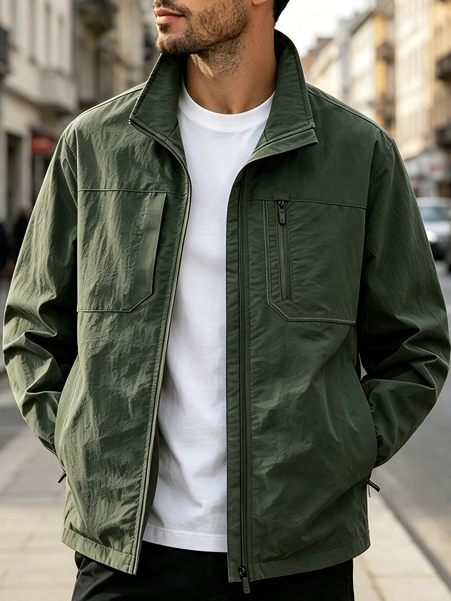 DIFFELEMENT Men'S Stand-Collar Tech Cargo Jacket, Lightweight Breathable Woven Fabric Windproof High Collar Full Zipper Front with Large Pockets And Dual Storage Design, Regular Fit for City Commute, Outdoor Hiking, Daily Layering, Casual Scenarios - fern green