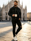 Men's Lapel Workwear Blend Jacket with Metal Zipper Pocket Accents, Casual Vintage Cropped Top - Black