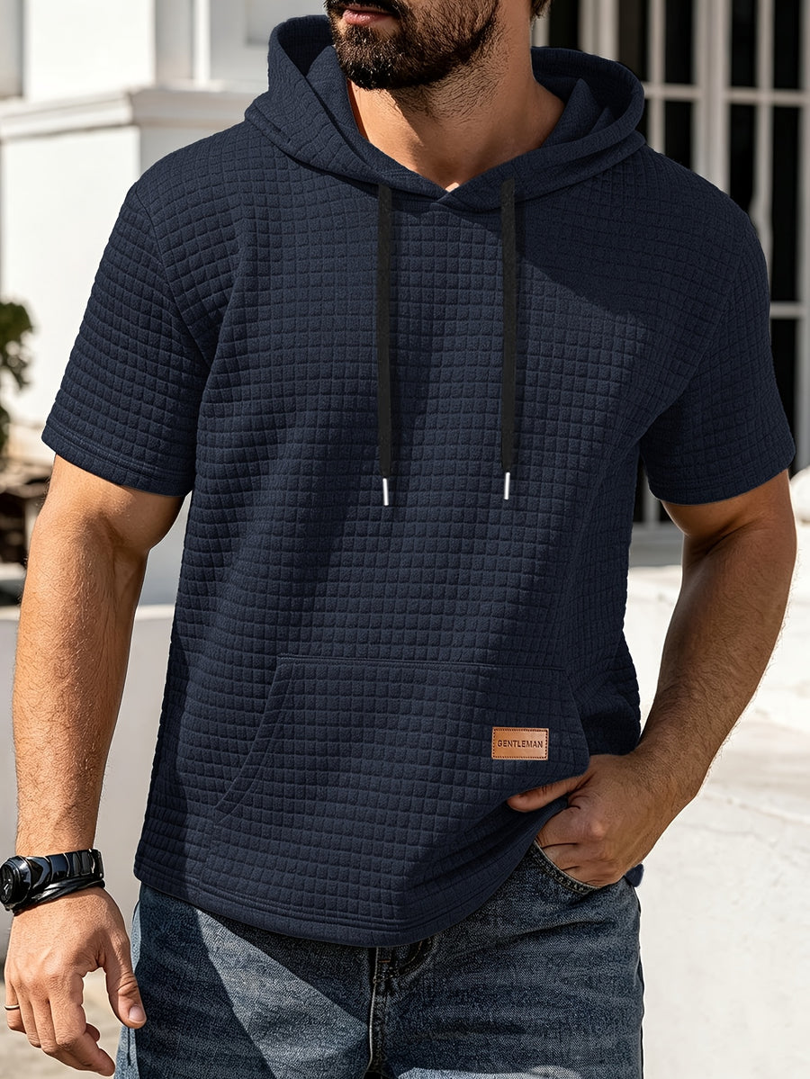 Men's Casual Summer New Arrival Short-Sleeve Versatile Fashionable Sporty Comfortable Trendy Loose Waffle Knit Hooded T-Shirt - Deep Blue