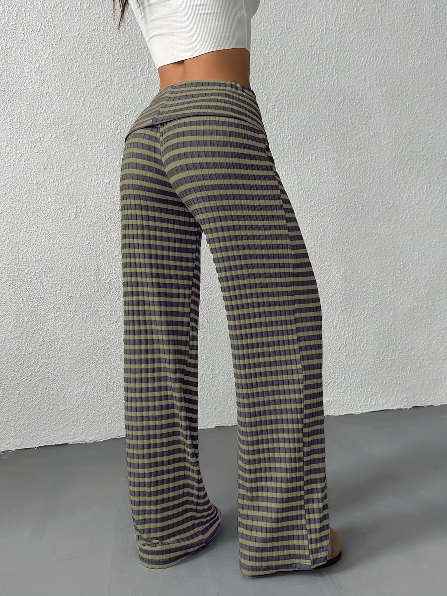 Women's Wide- Trousers - Wide- Pants with Striped, Wide-Legged Trousers Suitable for Spring/Summer, Machine Washable Elegant Wide Pants for, Casual & Semi-Formal Wear, Non- Wide Trousers - Green