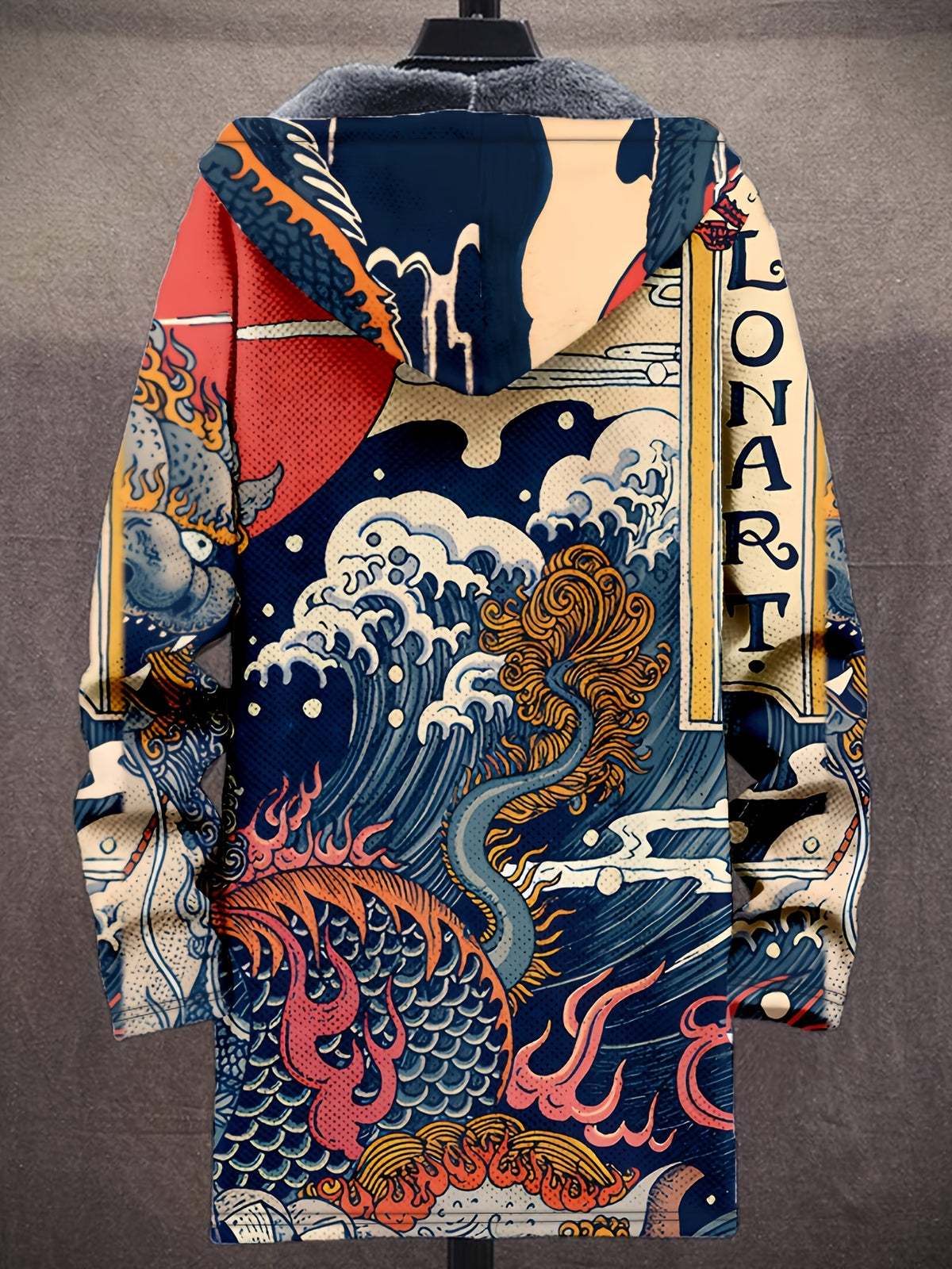 Vintage Japanese Art Wave Pattern Printed Fashion Men's Plush Thick Long-Sleeved Cardigan Coat Winter Warm Zipper Hooded Coat - Blue