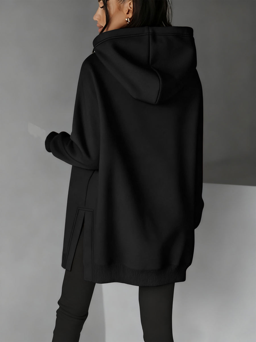 Women'S Stylish Hoodie with Side Slits And Drawstring for Autumn And Winter, Perfect for And Casual Wear, Featuring Cute Prints And a Comfortable Fit, Available in Multiple Colors - Black