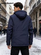 DIFFELEMENT Men's -Lined Hooded Parka Padded Coat, Windproof and Warm, Multi-Pocket Workwear Jacket with Detachable Hood, Elastic Cuffs, Regular Fit, Suitable for Cold Weather, Urban Streetwear, Skiing, Hiking, Winter Daily Work, and Casual Wear - Navy Color