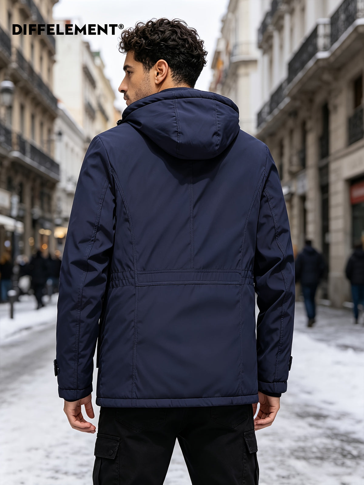DIFFELEMENT Men's -Lined Hooded Parka Padded Coat, Windproof and Warm, Multi-Pocket Workwear Jacket with Detachable Hood, Elastic Cuffs, Regular Fit, Suitable for Cold Weather, Urban Streetwear, Skiing, Hiking, Winter Daily Work, and Casual Wear - Navy Color