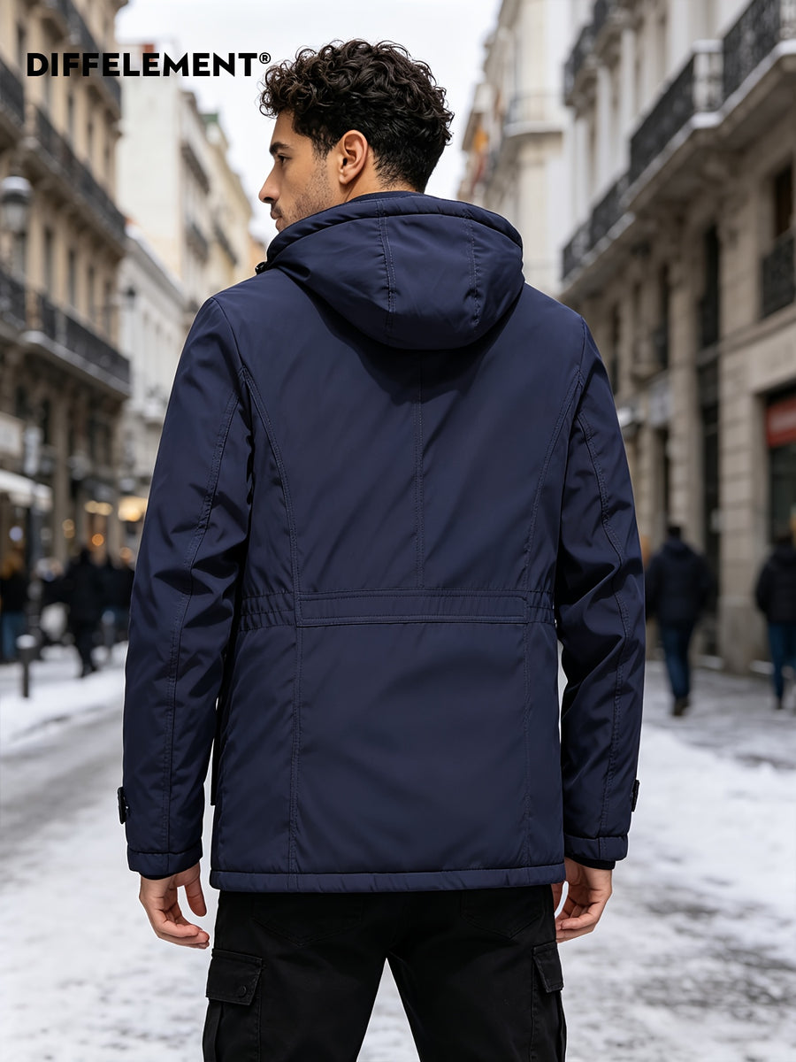 DIFFELEMENT Men's -Lined Hooded Parka Padded Coat, Windproof and Warm, Multi-Pocket Workwear Jacket with Detachable Hood, Elastic Cuffs, Regular Fit, Suitable for Cold Weather, Urban Streetwear, Skiing, Hiking, Winter Daily Work, and Casual Wear - Navy Color