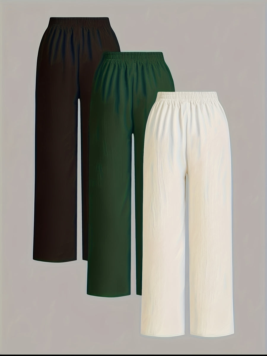 3pcs Elegant Wide-Leg Pants - Solid Color Lightweight Summer Trousers with Wide Leg Opening & Drawstring Waist, Machine Washable Non-Stretch for Casual, Office, Semi-Formal Wear (3pcs) - Black+green+white
