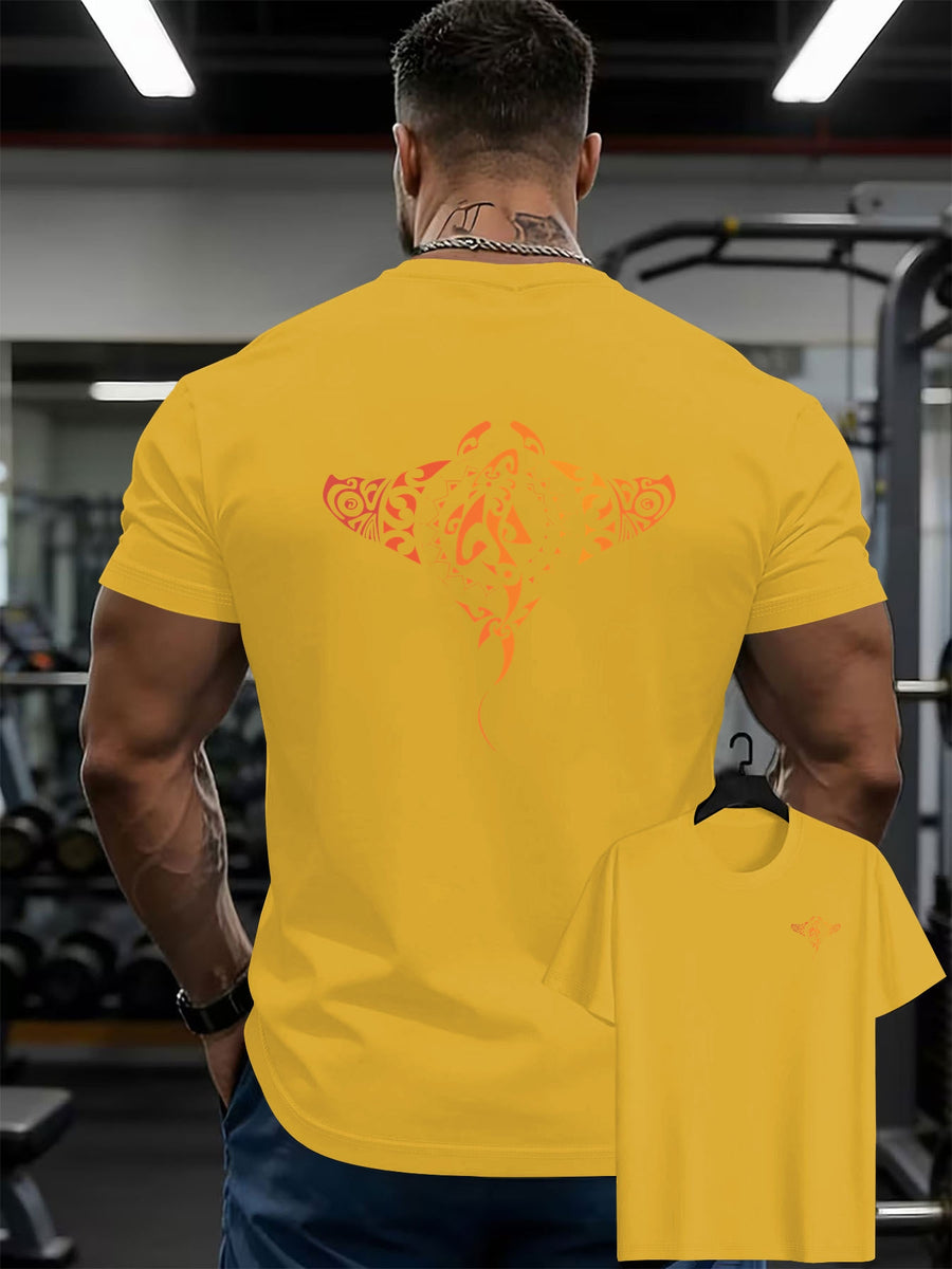 100% Men'S T-Shirt, Multi-Colors Available, Men'S Manta Ray Pattern T-Shirt, Front And Back Print T-Shirt, Summer Casual Round Neck Short Sleeve T-Shirt - Orange