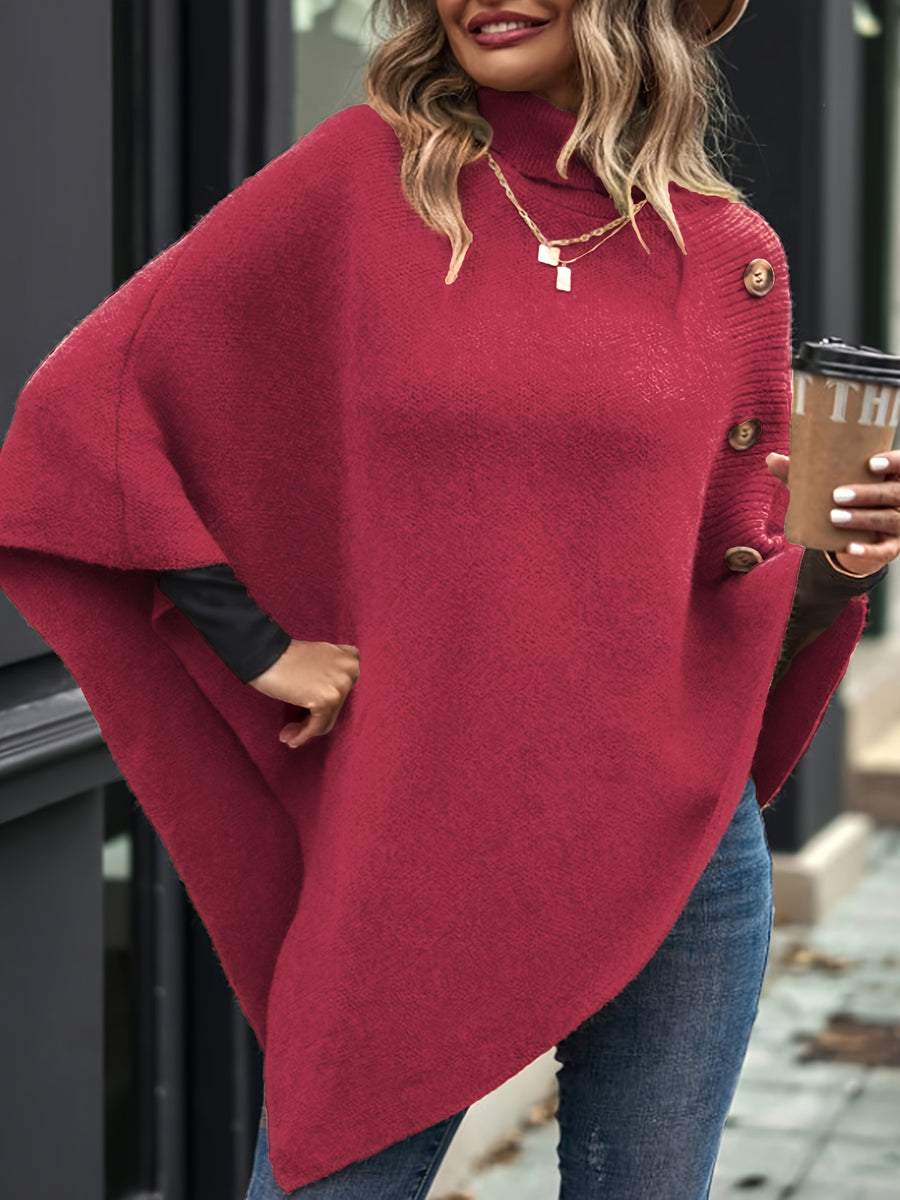 Elegant Special "Slim Fit Bust" 1 Elegant Women's Solid Color High-neck Shawl Pullover, Side Faux Button Decoration, Asymmetrical Design, 100% Polyester, Fashionable and Elegant Vintage Ethnic Style Pullover, Suitable for Spring, Autumn, and Winter - Rose Red