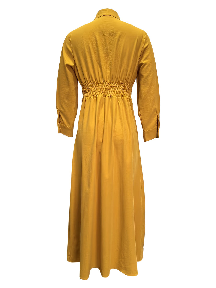 Fashion Women'S Classic Stand-Up Collar Single-Breasted Dress Elegant Ruffled Patchwork Long-Sleeved Dress Long Spring And Autumn 12010 - Yellow