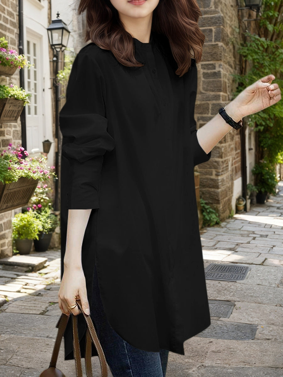 Women'S Elegant Retro Style Easy Stand-Up Collar Mid-Length Side-Slit Design Literary Full Daily Wear Shirt - Black
