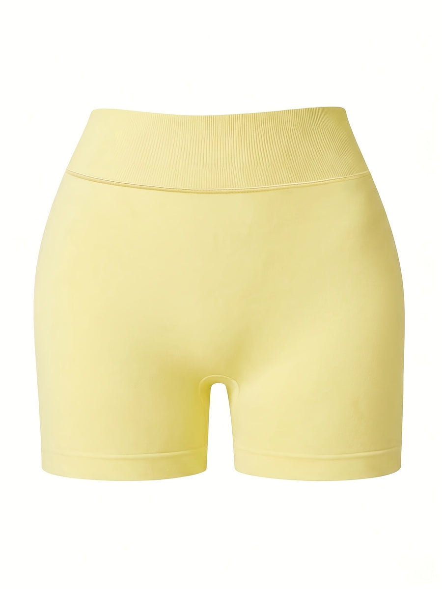 Contouring Workout Shorts, Stretchy Fitted Design, with Waist Shaping Elastic And Wrinkle Accent, Comfortable Elastic Waistband with -Lifting Wrinkles, Creating a Contouring Look, Elastic Waistband with Wrinkle Detail for -Lifting Effect - Lemon Yellow