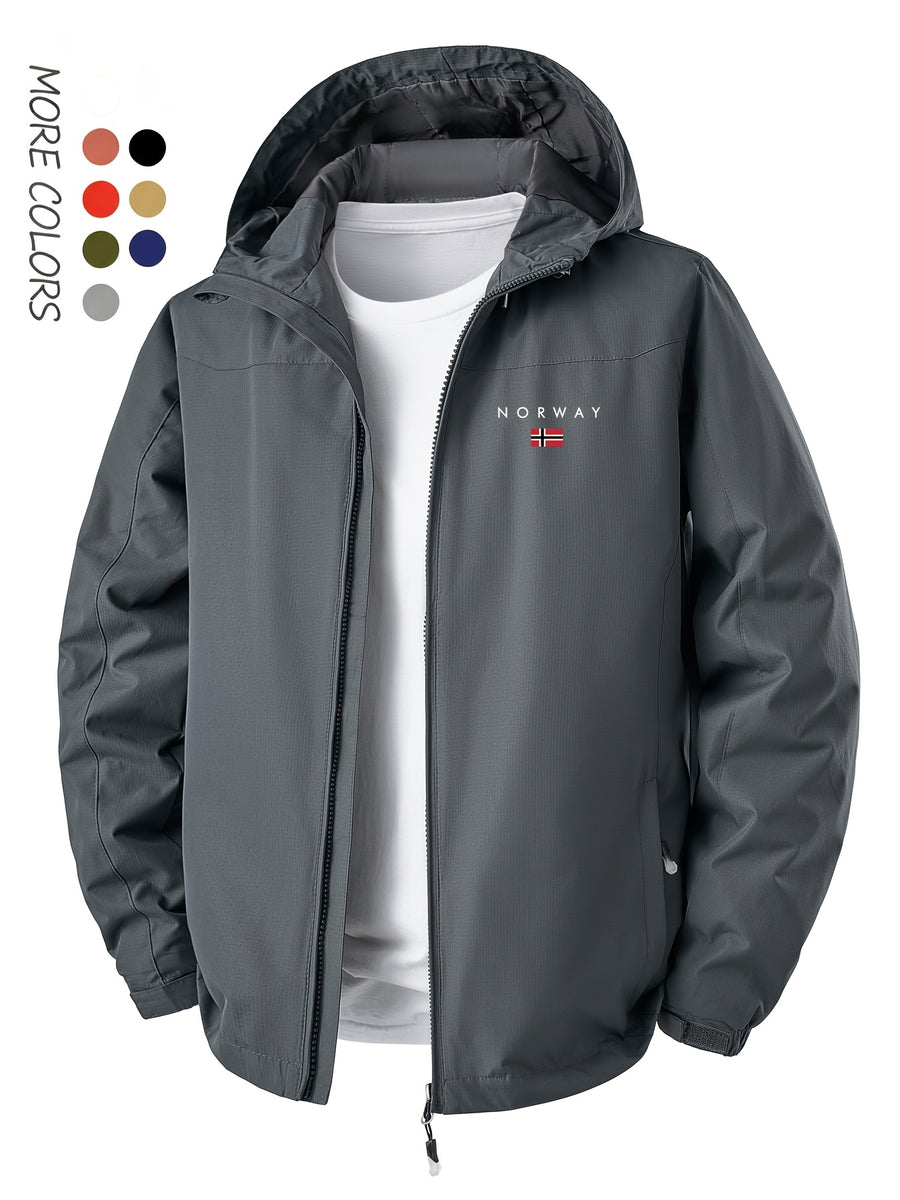 Norway Element Print Jacket Autumn Winter Men'S Outdoor Sports Mountaineering, Hiking Solid Color Jacket Hooded Easy Versatile Youth Fashion Thin Travel Casual Outerwear Men - Grey