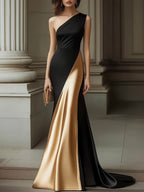 Spring/Summer Women's Elegant One-Shoulder Black and Golden Contrast Evening Gown for Wedding Guests - Color block