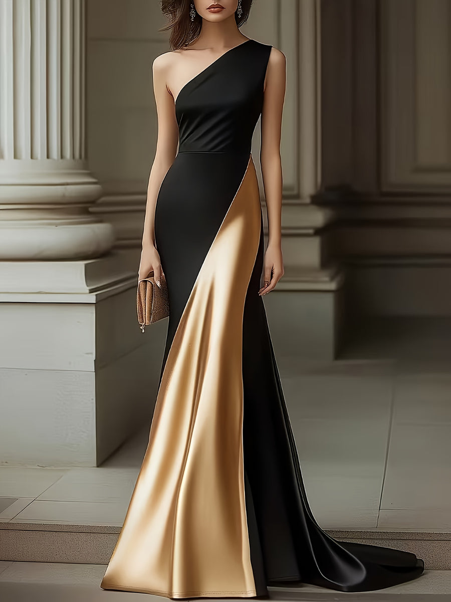 Spring/Summer Women's Elegant One-Shoulder Black and Golden Contrast Evening Gown for Wedding Guests - Color block