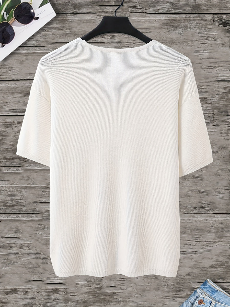 Men'S Loose-Fitting Short-Sleeve Pullover with a V-Neck And Dropped Shoulders, Knit - White