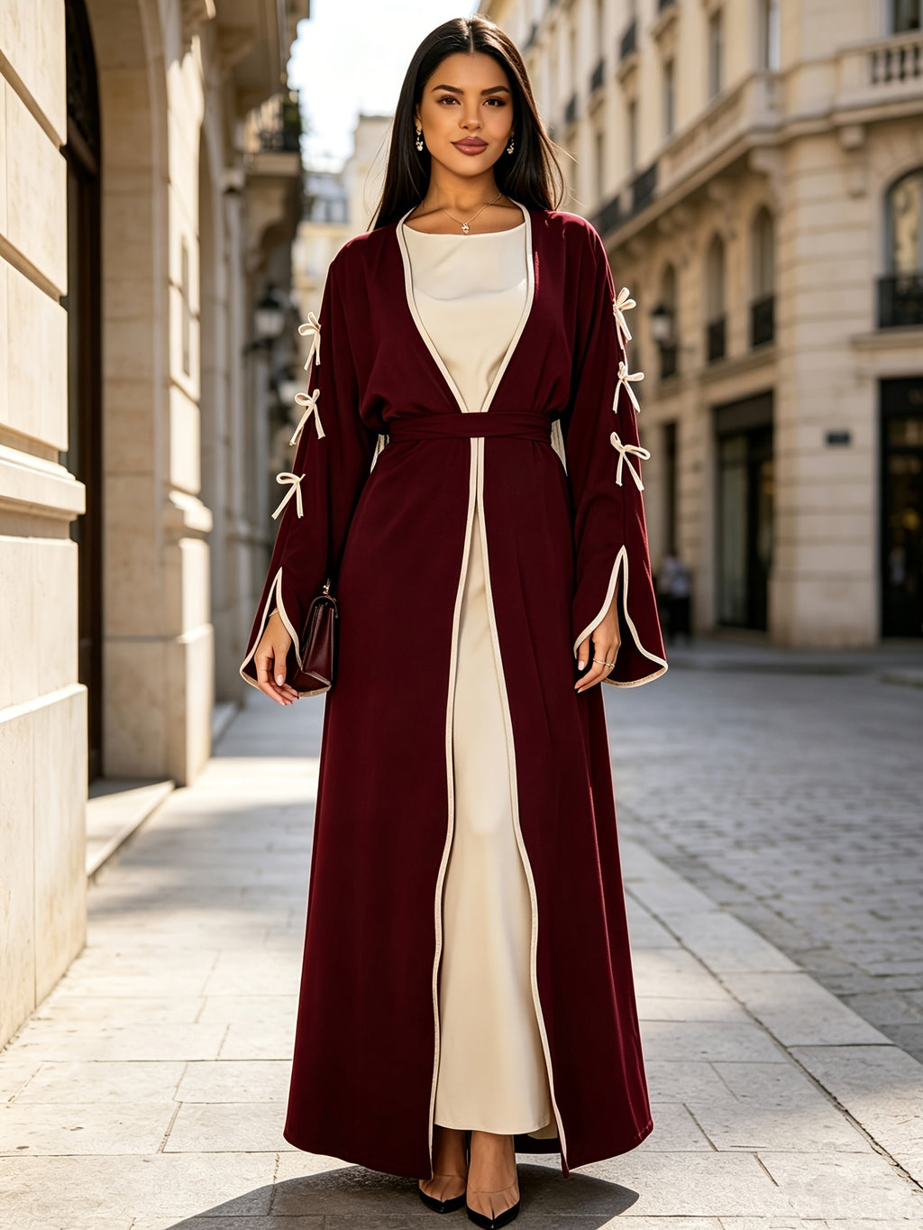 Dubai Light Luxury Muslim Abaya Outer Coat, Tie-Waist Style Islamic Women'S Dress, Ramadan Eid Banquet Elegant Long Cardigan - Burgundy