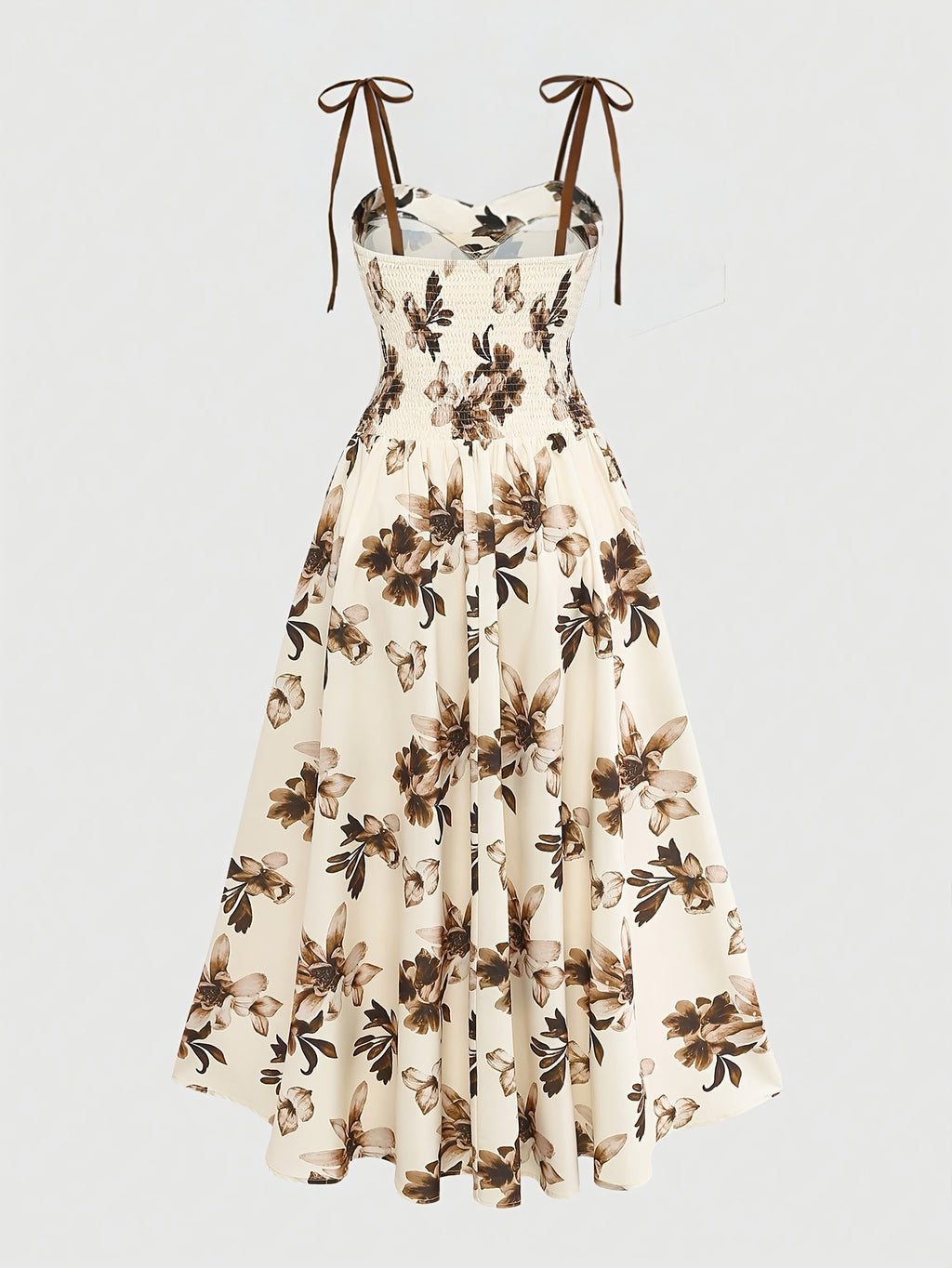 Women's Apricot-colored A-line Dress with Brown Floral Pattern, Thin Straps, and Waist Design. Perfect for Vacations, Commuting, Music Festivals, Dates, French Bohemian Style, Beach Outings, Streetwear, Versatile Wear, and Spring/summer Seasons - Mixed colors